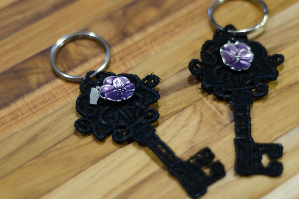 Urban Threads embroidered lace key with Danforth pewter charms